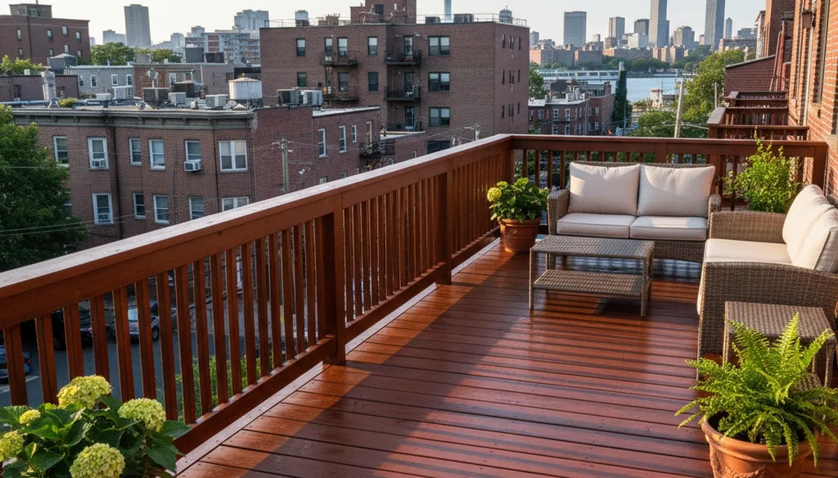 Finished deck staining in Hoboken, NJ highlighting rich wood color and weather-protective finish