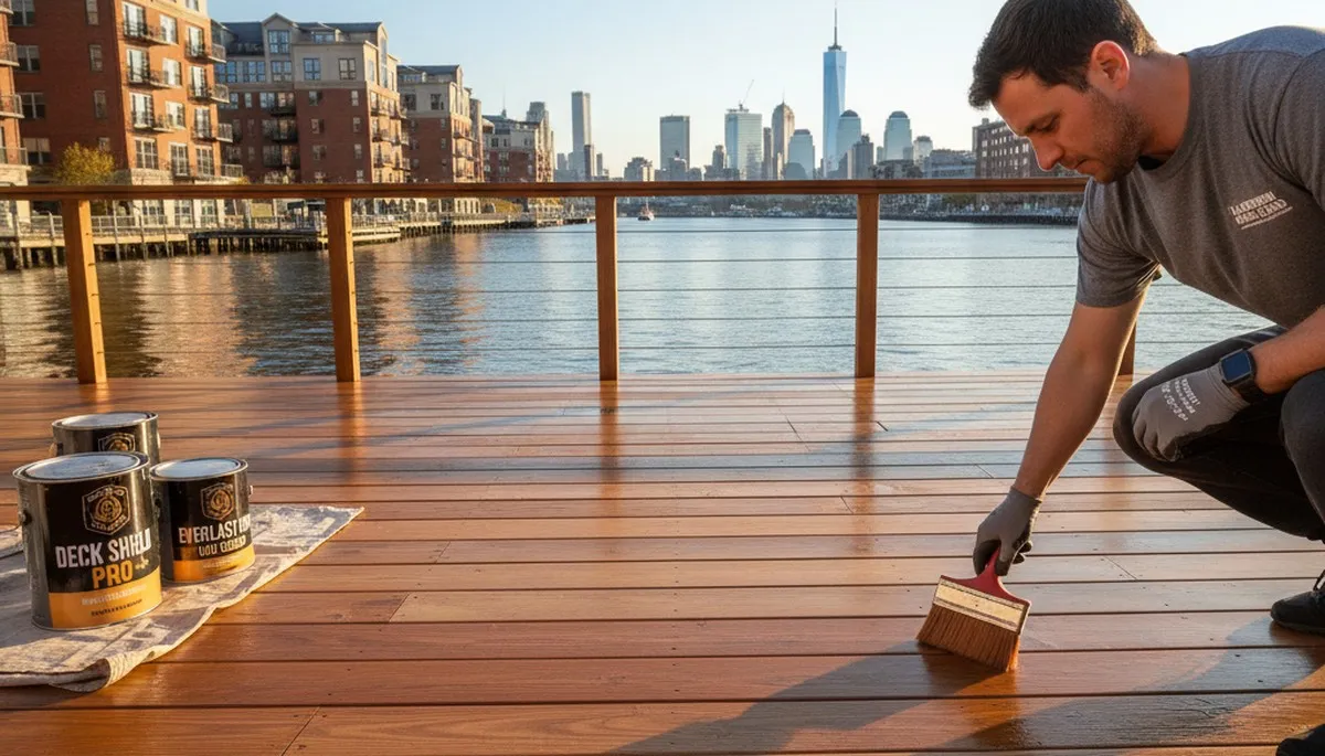 Professional painter applying deck stain in Hoboken, NJ for UV and moisture protection