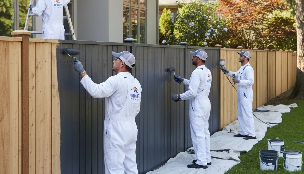 Professional fence painters applying weather-resistant finish in Hoboken, NJ backyard