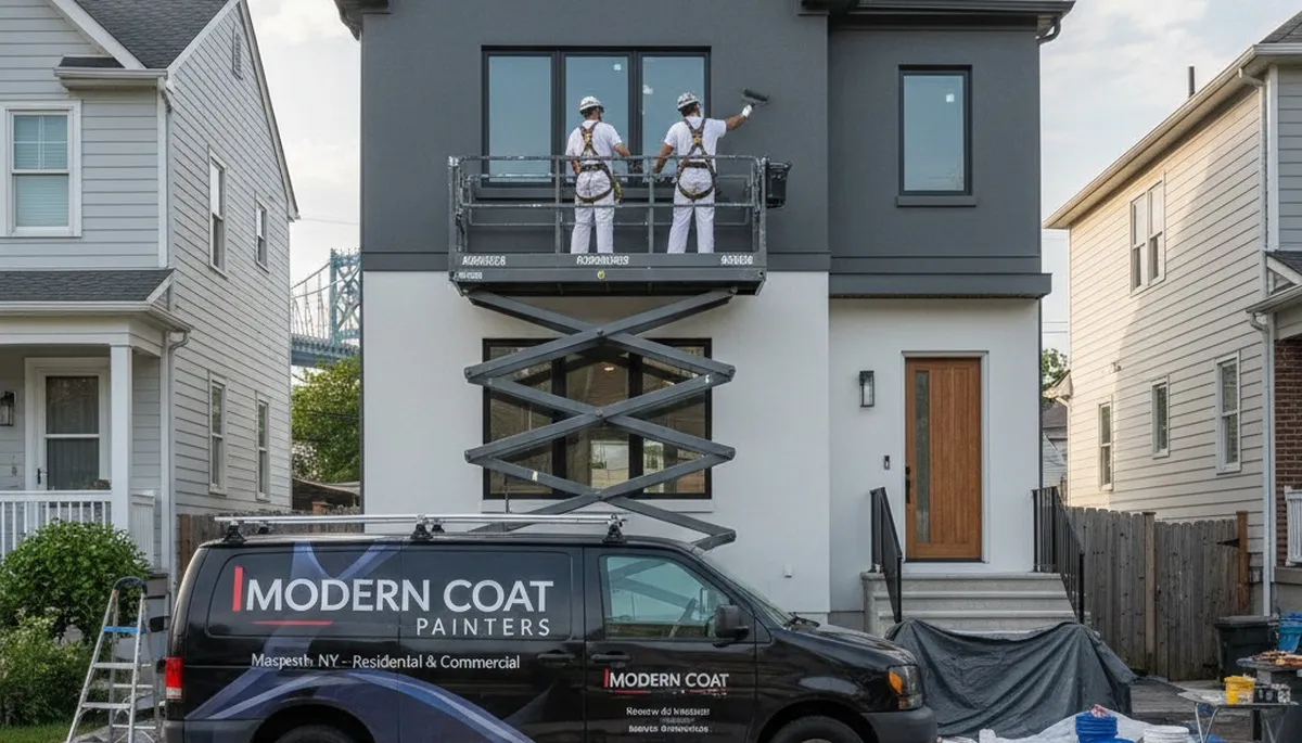 Professional house painters working on residential exterior in Hoboken, NJ