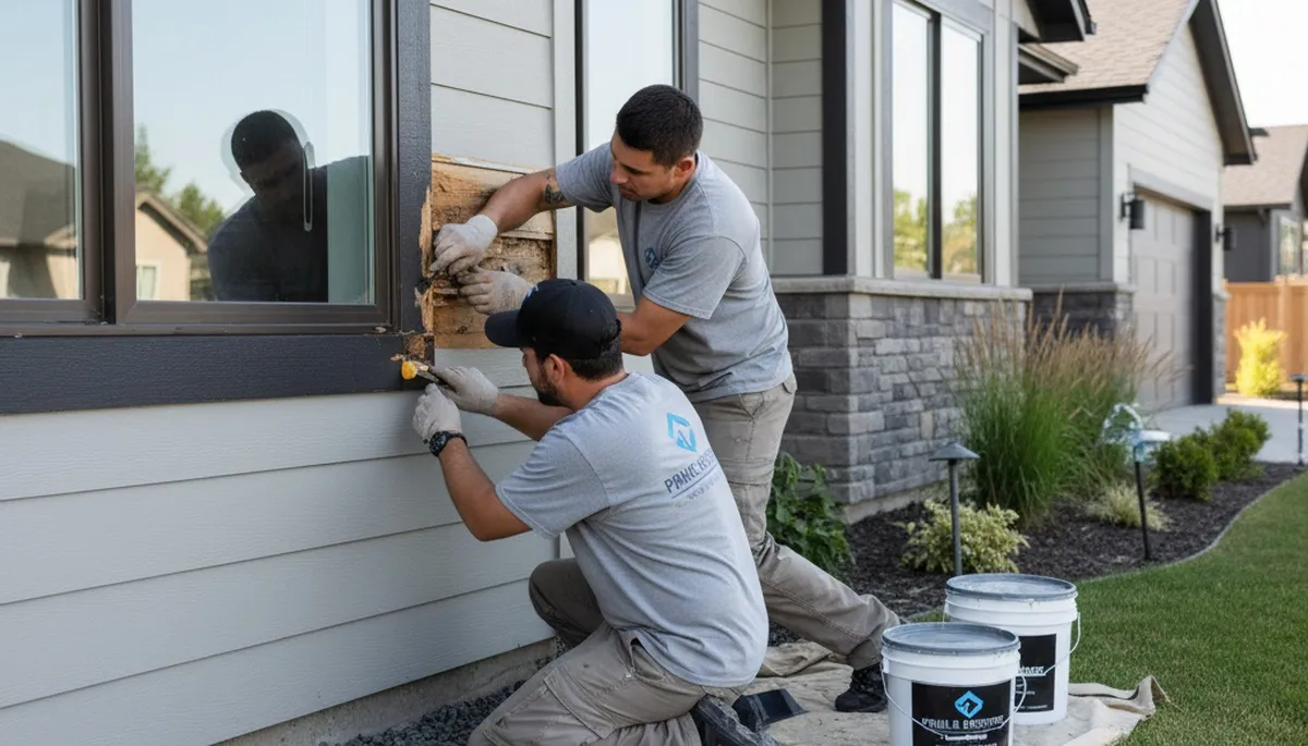 Painter repairing wood rot on historic home exterior in Hoboken, NJ