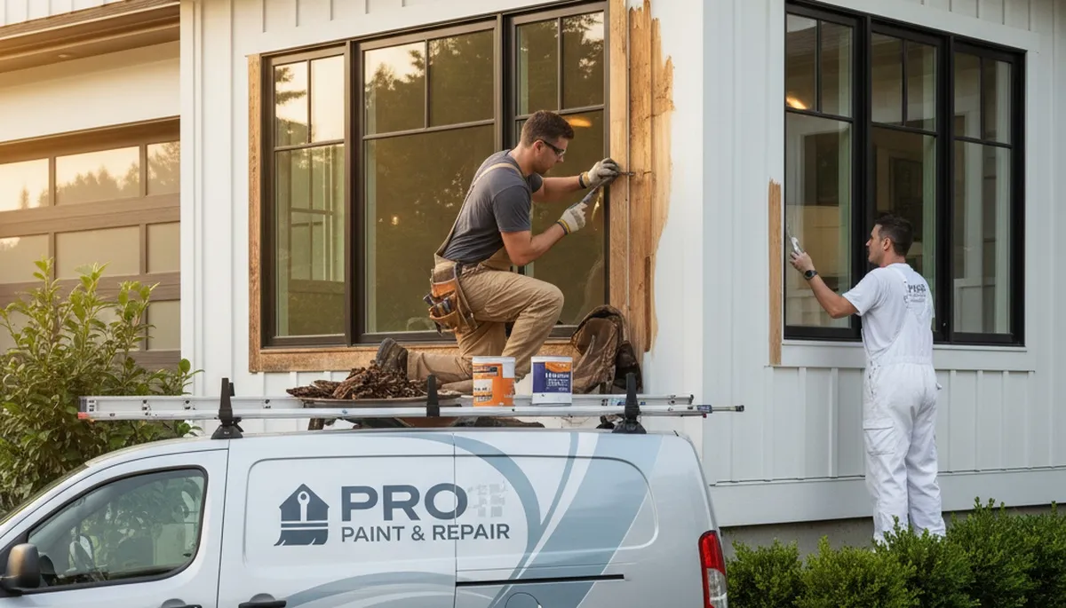 Contractor repairing wood rot on historic home exterior in Hoboken, NJ with professional restoration tools